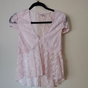 Sheer Pink Lace Short Sleeve Blouse